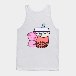 Baby Kawaii Pig Hugs Sweet Bubble Tea Pink Boba Tea Tank Top
